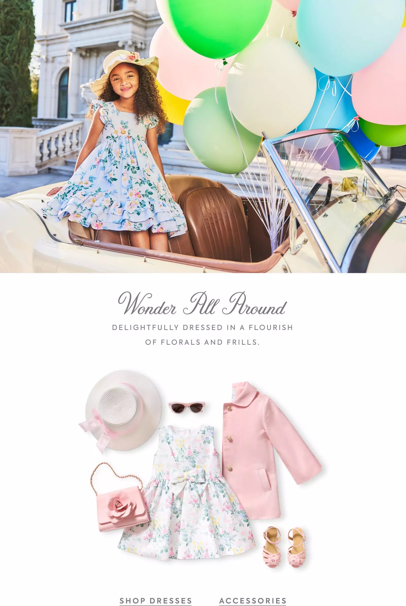 Young girl in a floral dress with balloons and car, with fashion items displayed below.