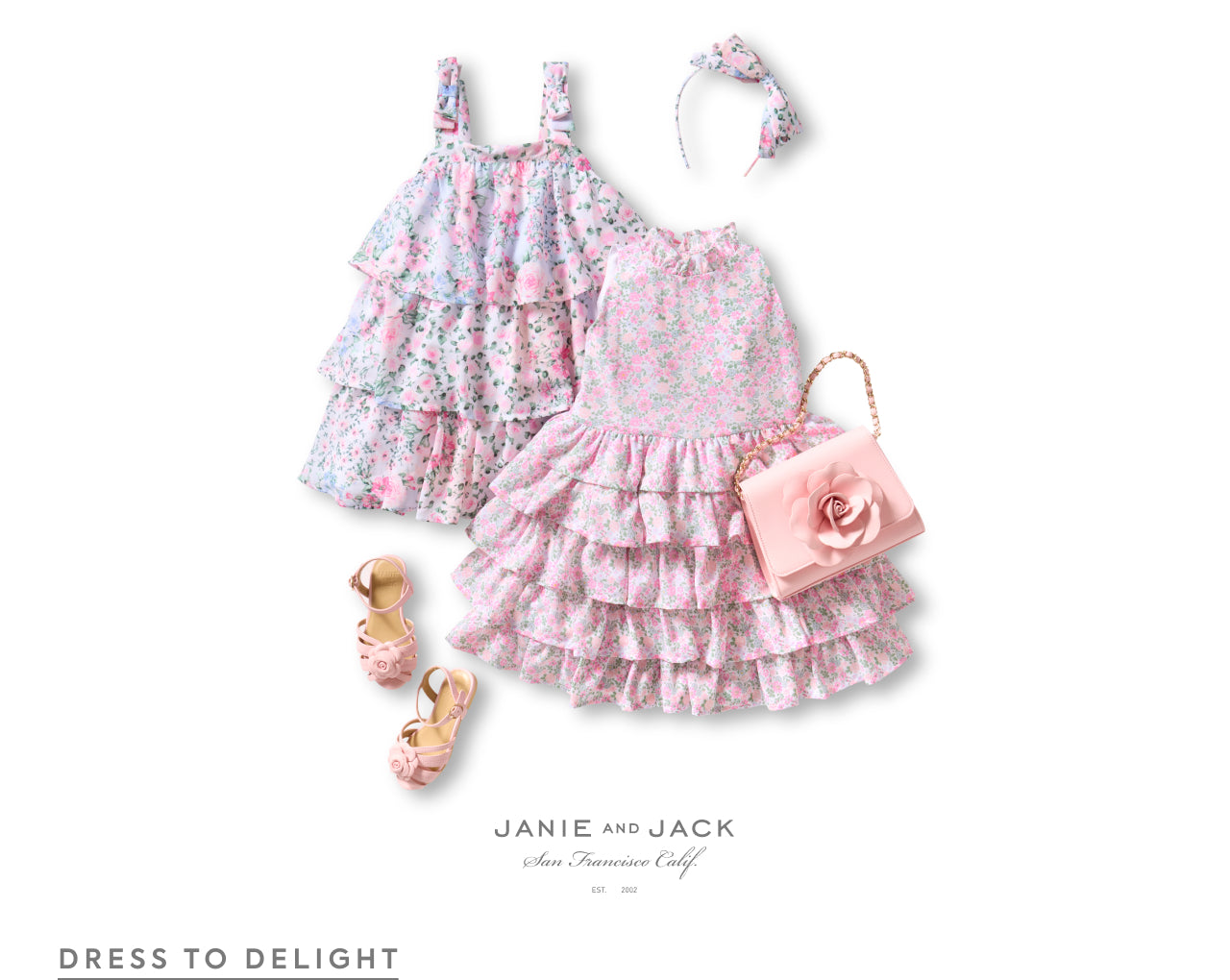 Children's pink floral dress with matching accessories on a white background, featuring the Janie and Jack brand.