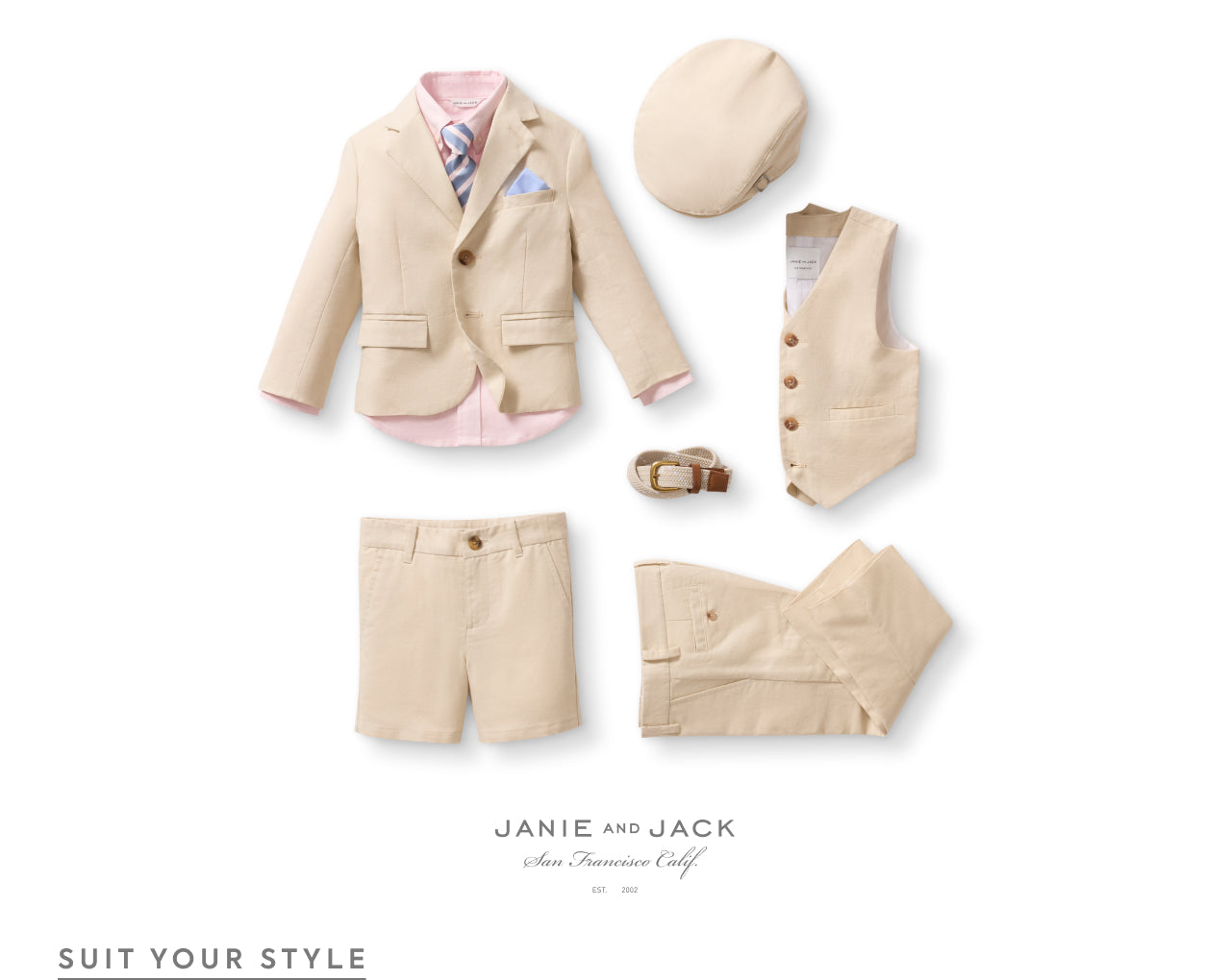 Children's beige suit set with jacket, shorts, vest, hat, and shoes on a white background. Janie and Jack brand visible.
